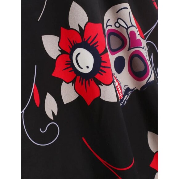 Sugar Skull Gothic Halloween Dress – Criss-Cross Back Long Sleeve Red Black | 2X - Picture 7 of 8